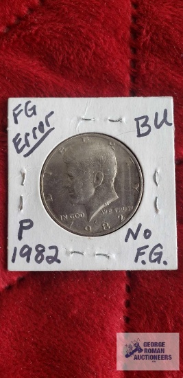 1982-P Kennedy half dollar coin, marked FG error.