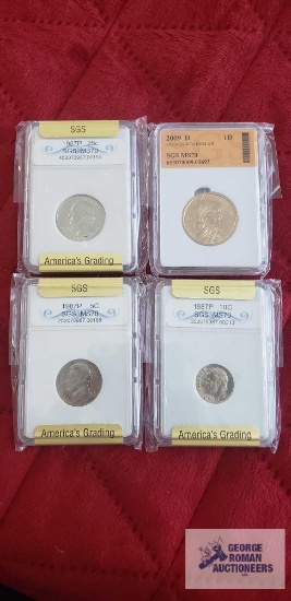 2009-D Sacagawea dollar. 1987-P nickel, dime, and quarter.