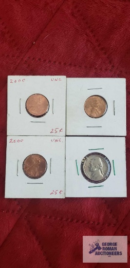 1955 Wheat penny, (2) 2000 pennies, uncirculated, and1964 nickel
