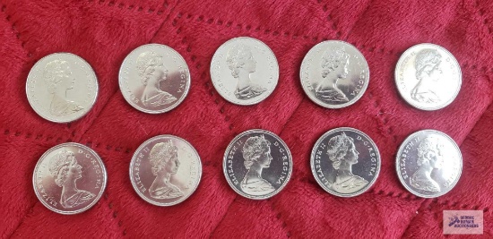 (10) 1969 Canadian $1 coins, uncirculated.