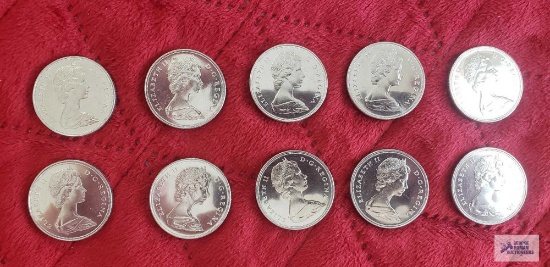 (10) 1969 Canadian $1 coins, uncirculated.