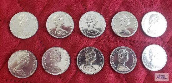 (10) 1969 Canadian $1 coins, uncirculated.