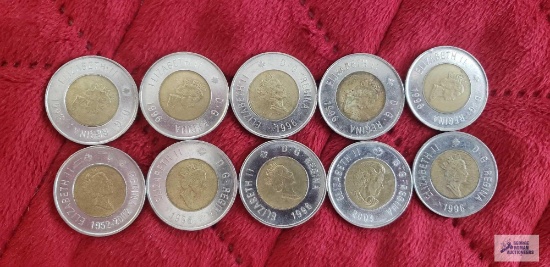 10 Canadian $2 Loonie coins