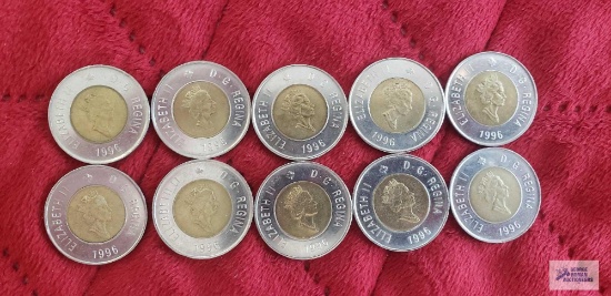 10 Canadian $2 Loonie coins