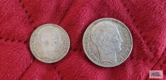 1933 French 20 Francs coin and 1934 French 10 Francs coin