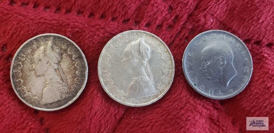 1959 1 Lira coin from Turkey and 2 Italian 500 Lire coins