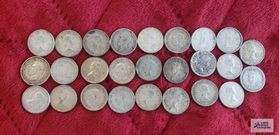 24 Canadian silver dimes and (1) 1941 six pence coin. (1)1912 Romanian 50 Bani coin.