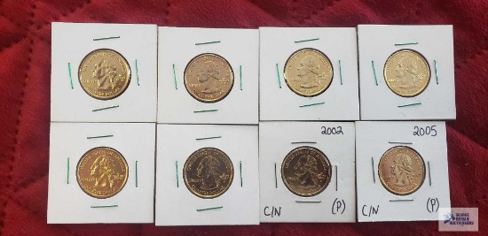 Gold colored state quarters.