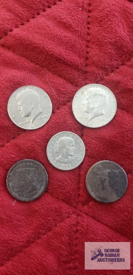 1972 Kennedy half dollar merged with 1967 1 penny coin. 1979 Susan B, Anthony coin, 1966 Kennedy