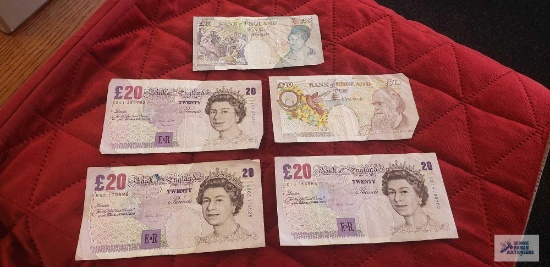 Bank of England, (3) 20 pound notes, (1) 10 pound note, and (1) 5 pound note