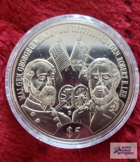 2001 Republic of Liberia, 1863 Gettysburg, Gen. George G. Meade, Gen. Robert. E. Lee $5 gold colored