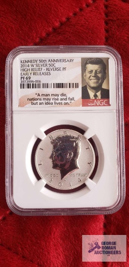 2014-W Kennedy 50th anniversary silver fifty cent high relief, early releases, coin, reverse PF.