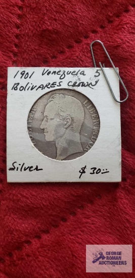 1901 Venezuela, 5 Boulivares Crown coin.