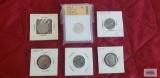 1939-P, 1944-D, 1945-P, 1950-D, and 1952-S Jefferson Nickels. One altered Buffalo nickel.