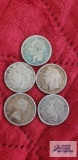 (3) 1954 and (1) 1960 Venezuelan 5 Bolivares coin and 1960 Canadian quarter