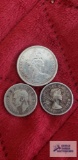 1965 Canadian 50 Cent coin. 1938 and 1961 quarters.