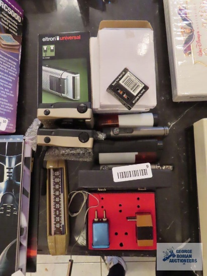 Four foreign travel mini converters, Taylor indoor outdoor thermometer, flashlights, Vivitar