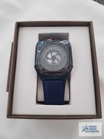 Reign Asher Chinese automatic movement blue genuine leather strap watch in ION plated gunmetal over