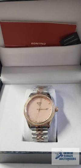 EON 1962 Moissanite Swiss movement water resistant watch in ION plated RG stainless steel.