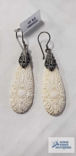 Carved bone sterling silver earrings Indonesia STS 925.