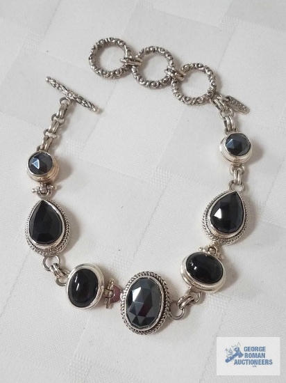 Artisan Collection of Bali hematine doublet, black spinal, black star diopside silver bracelet.