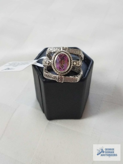 Artisan Collection of Bali 1.28CT 9x7mm oval British tea rose quartz silver ring set of three. (Size