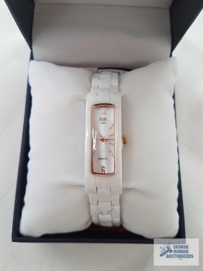 EON 1962 Japanese movement water resistant watch with white ceramic strap and butterfly buckle and