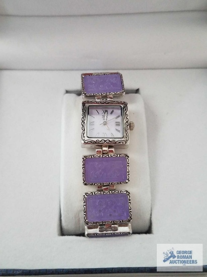 EON 1962 Burmese purple jade Swiss Movement bracelet watch in sterling silver with stainless steel