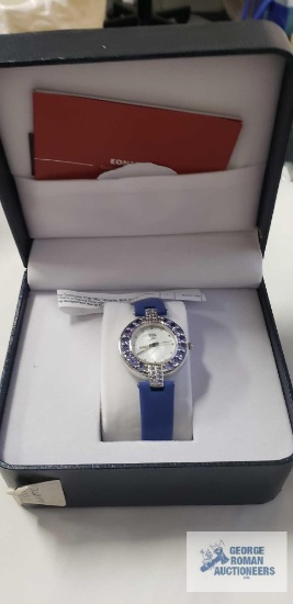 EON 1962 Tanzanite multi-gemstone Swiss movement watch in sterling silver with blue leather strap.