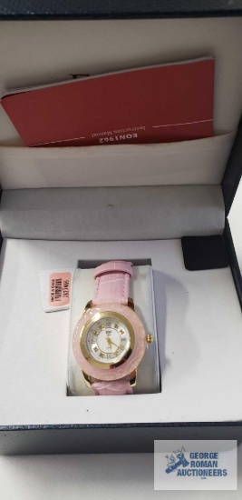 EON 1962 pink jade carved, white topaz Swiss movement watch with pink genuine leather band and