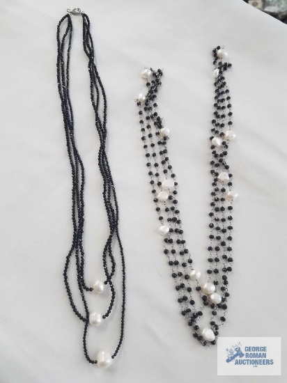 Thai Black Spinel, Freshwater Pearl Platinum over Sterling Silver necklace (36") TGW 28.00cts. Thai