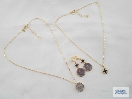 Black Spinel 18K Yellow Gold over Sterling Silver and 2 Lira Bee coin necklace set 0.22ctw and
