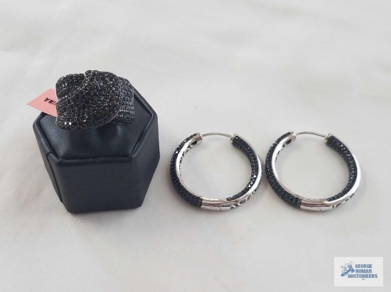 Thai Black Spinel Black Rhodium Sterling Silver knot ring (Size 8) and inside out latch back hoop