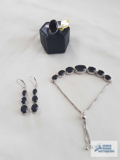 Thai Black Spinel Platinum over Sterling Silver bracelet (7.5"), earrings, ring (Size 8), and