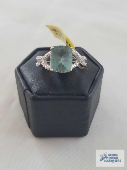 Belgian Teal Fluorite (Cush 3.50ct), Diamond in Platinum overlay Sterling Silver Nickel Free ring