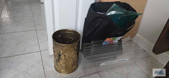 Shopper tote, gold waste can, and plastic file organizers