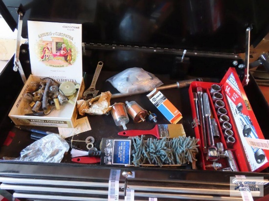 Master Mechanic socket set, fuel filters, detailing brush in top of toolbox