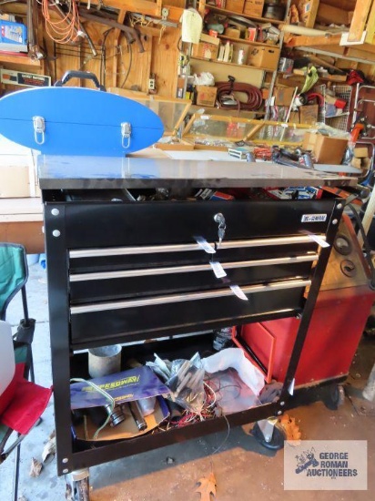 US General roll about toolbox with foam brushes, hose clamps with small hose and chrome pipe, small