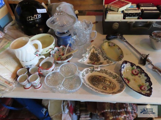 Assorted cookbooks, plates, glass candy dash, sake cups, mugs
