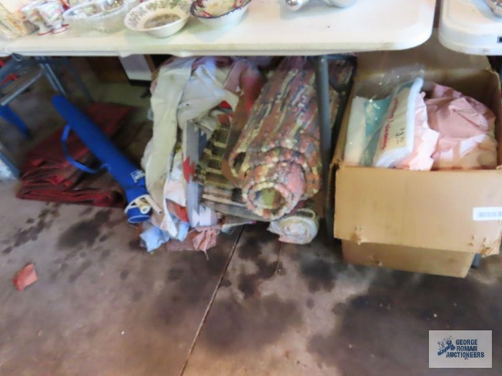 Shop rags, heavy duty red tarp, beach umbrella, and throw rugs