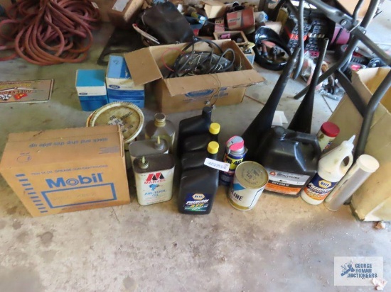 Assorted grease, oils, automatic transmission fluid, bar and chain oil, funnels