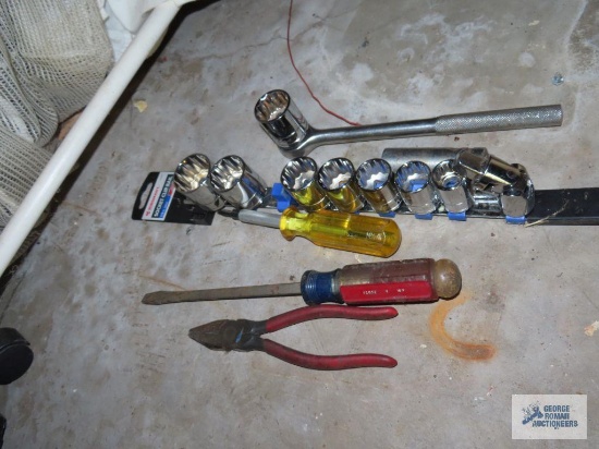 JobSmart socket set with1/2 inch ratchet, screwdrivers and pliers