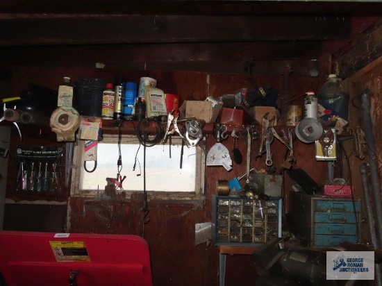 Assorted tools, hardware, fluids, hardware cabinets on wall and on floor