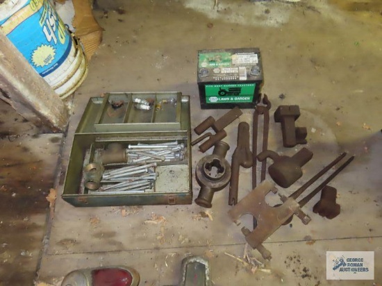Lawn mower battery, hardware, metal toolbox, pipe shredder and other assorted tools