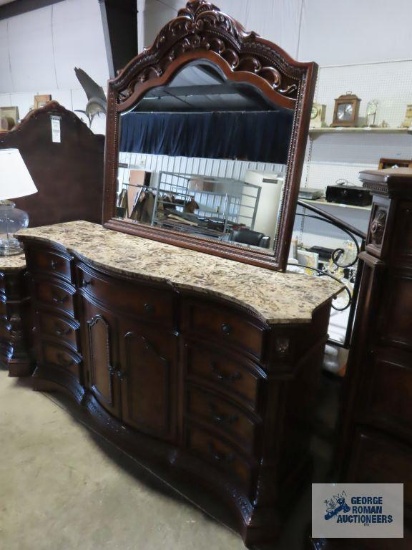 Cherry Queen size bed, dresser with mirror, chest of drawers, and two nightstands by Ashley