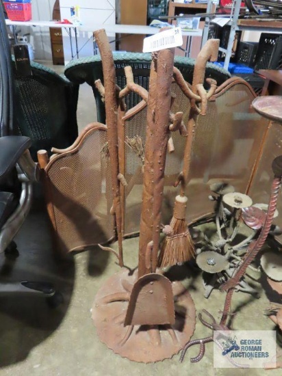 Heavy metal fireplace screen with tools
