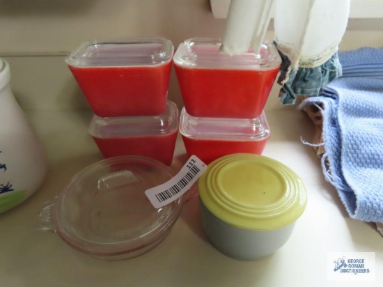 Small red Fire King refrigerator dishes. Other covered Fire King. Two piece General Electric vintage