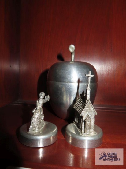 Miniature pewter figurines and Woodbury pewter apple