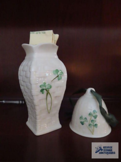 Belleek bell and small vase with brown stamps