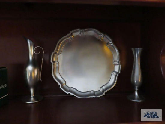 Holland pewter vases and Poole pewter serving tray. Serving tray is bent